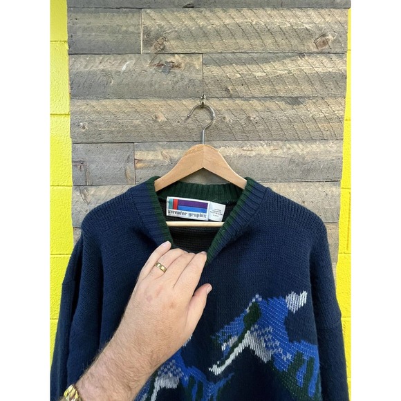 VTG 80s 90s Sweater Graphix Duck Hunt Pixelated Acrylic Sweater Size XL - Picture 5 of 6